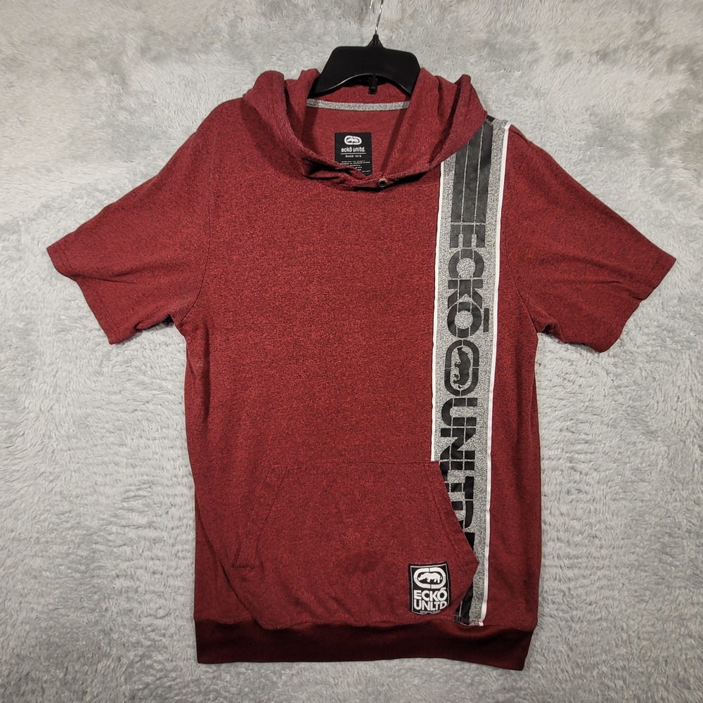 Ecko Unltd Mens Short Sleeve Hoodie Red Heathered Casual Pullover Medium *
